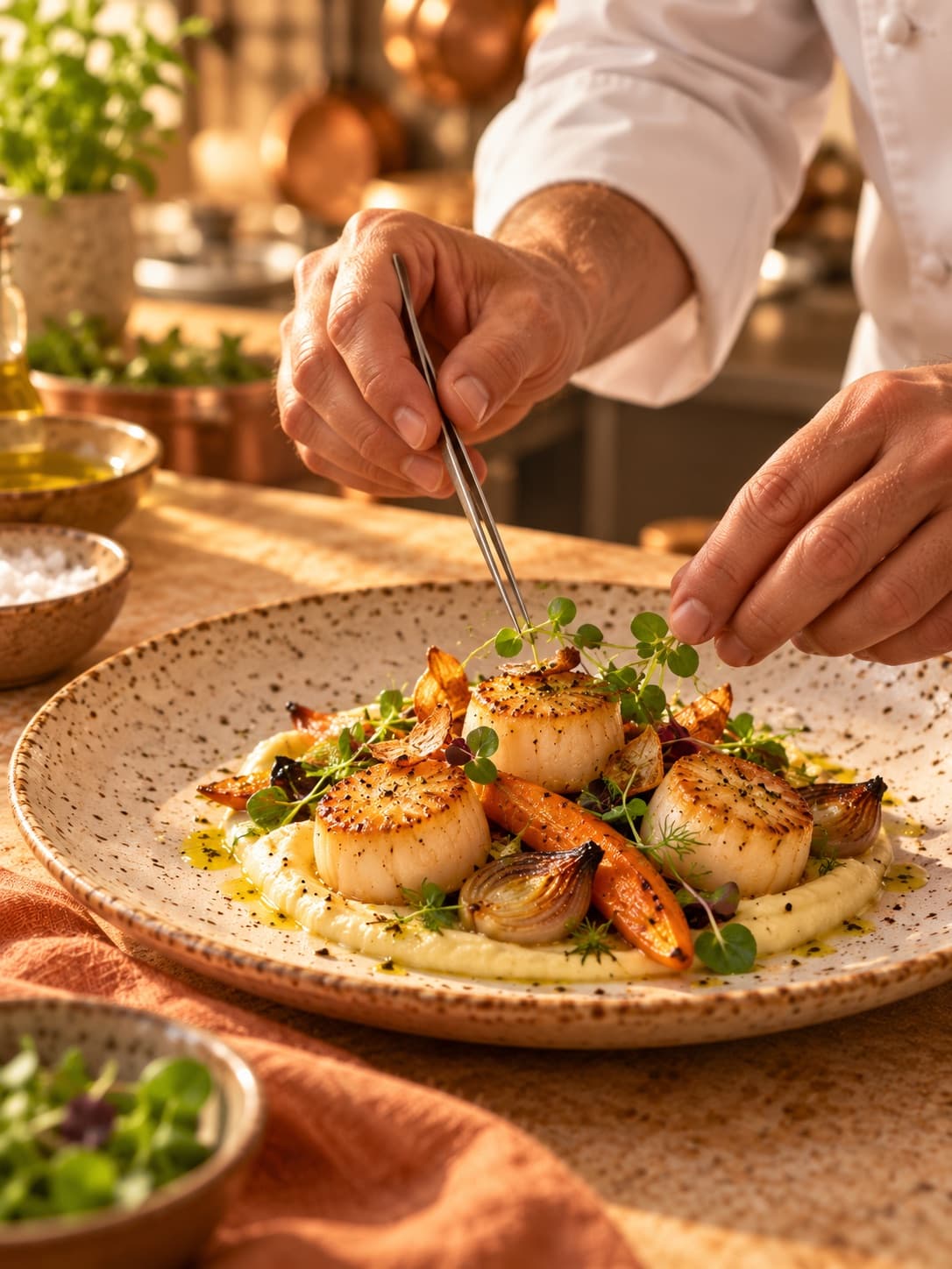 A chef finishing a plate of seared scallops with micro herbs