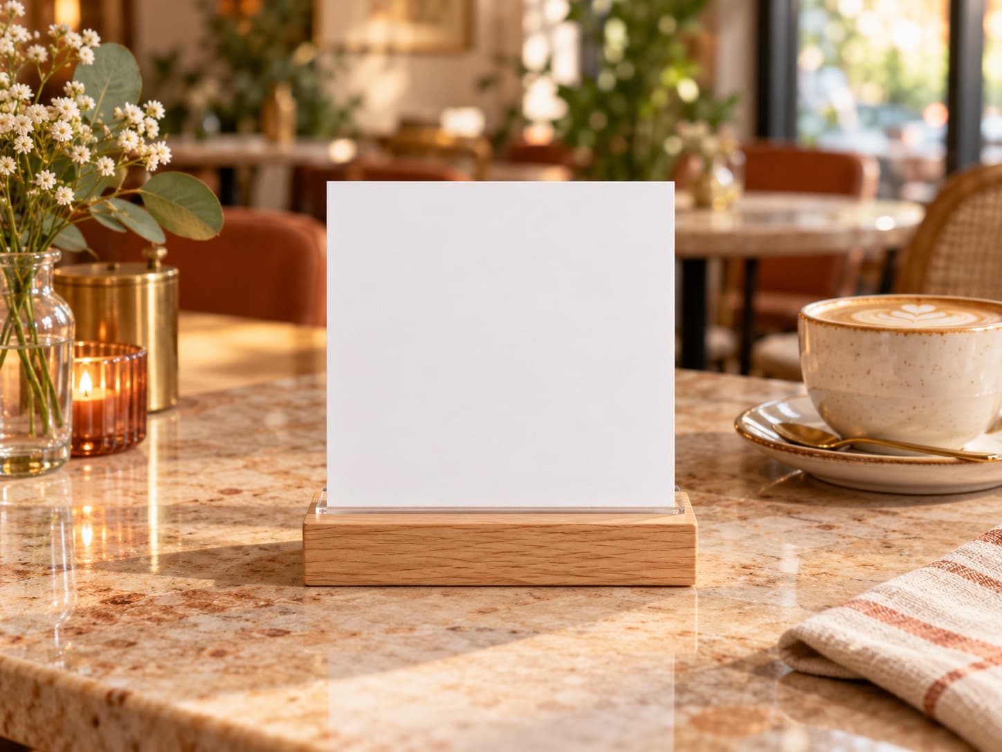 A table card on a wooden stand in a sunlit café, printed with a MenuMint QR code